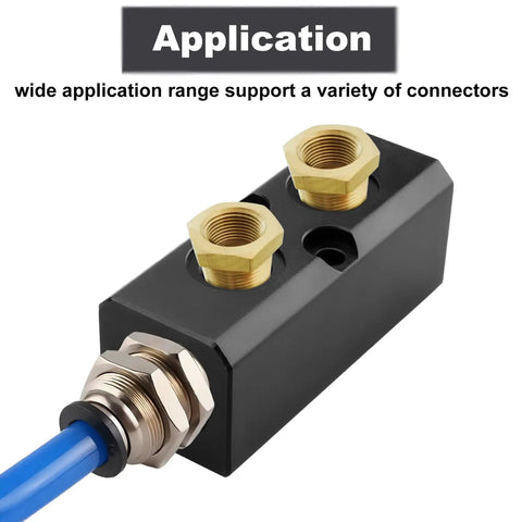 Two Way Four Port Air Compressor Manifold For Quick Tool Feed Inline Pneumatic Distribution Block With NPT Half Inch Supply Port And NPT Quarter Inch Output Ports Heavy Duty Black showing application range