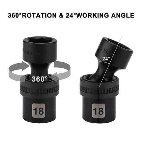 Fifteen Piece One Half Inch Drive Universal Impact Socket Set Metric Ten To Twenty Four Millimeter With Swivel Head For Tight Spots Beefy Heavy Duty Chrome Molybdenum Steel Black Phosphate Finish