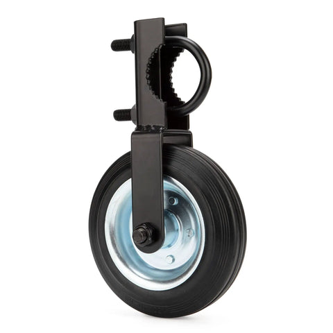 Gate Helper Wheel For 6 Inch Gate Support With Metal Swing Gates Fits 1 To 2 Inch Frames Keeps Your Gate From Dragging On Chain Link Fences Rugged Rubber Tire And Rustproof Steel Black, showing black metal bracket and rubber tire with visible mounting hardware.