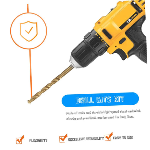 Rock Solid 19 Piece High-Speed Steel Cobalt Drill Bit Set With Twisted Design For Stainless Steel Alloy Timber Plastic And Professional Heavy Duty Drilling Projects That Make Short Work Of Tough Materials, 12V drill bit in yellow drill