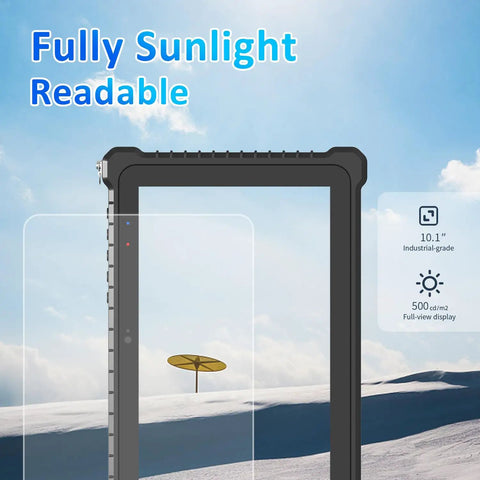 Heavy Duty 10.1 Inch Rugged Tablet Running Windows 11 Pro With Intel Core I5 Chipset showing sunlight readable screen outdoors.