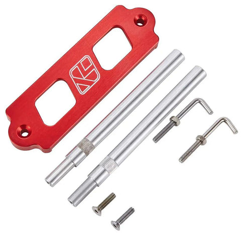 Aluminum Battery Tie Down Kit With J Hook for Civic Integra, red anodized billet aluminum alloy components and screws.