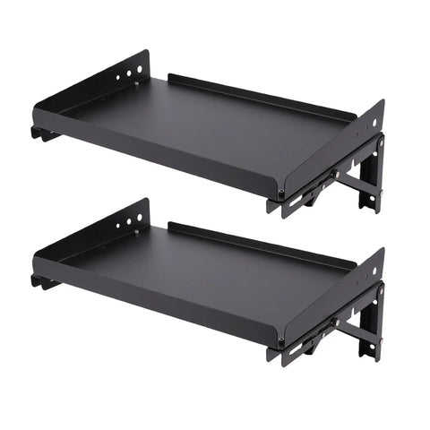 No Fuss Heavy Duty Fold Down Garage Wall Shelf Built Hella Sturdy With Alloy Steel, featuring two foldable black shelves.