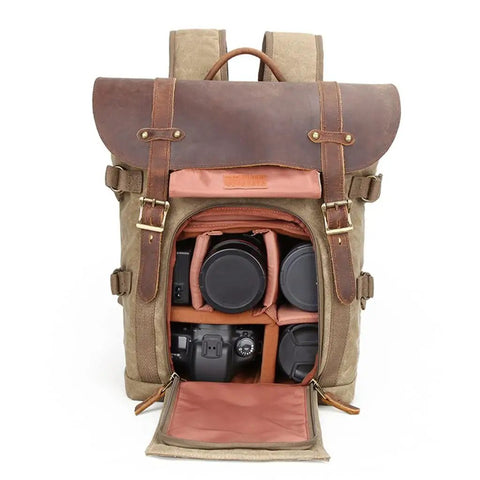 Canvas DSLR Video Backpack With Waterproof Outdoor Design, Shock Resistant Shell, showing camera and lens storage compartments
