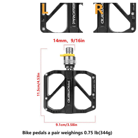 Ultralight 9/16 Inch Bike Pedals With Quick Release And 3 Bearing Design, non slip flat pedals dimensions and weight shown