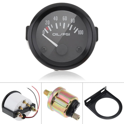Front view of DriSentri 2-inch (52mm) oil pressure gauge kit with wiring harness, pressure sensor, and mounting bracket