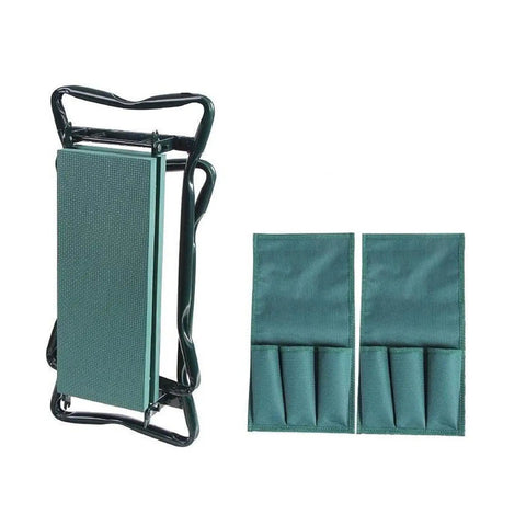 Garden Kneeler Seat 2 In 1 Folding Garden Bench With Handles And Foam Pad Easy Fold Portable Kneeling Pad For Gardening Built In Tool Pouches Supports Up To 150kg Perfect For Easy Yard Work And Planting, shown in folded position with green tool pouches.