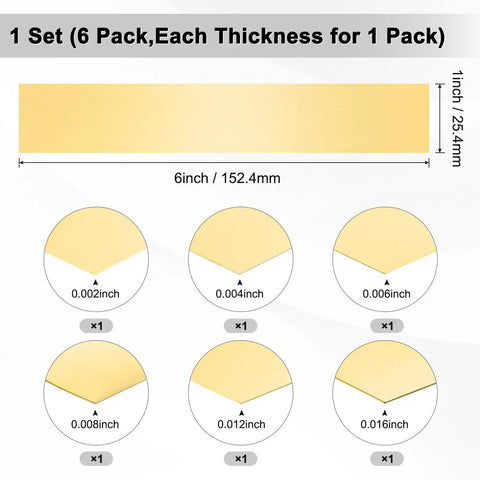 Brass Shim Strip Set 6 Inch Length 1 Inch Wide Handy DIY Brass Sheet Stock With Assorted Thickness 0.002 to 0.016 Inches shown.