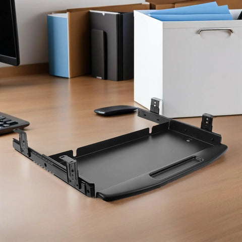 Slick Under Desk Keyboard Tray Featuring Smooth Glide Retractable Slides For A Dead Simple Space Saving Home Office Setup And Clutter Free Workstation Built Tough For Daily Use on a desk.