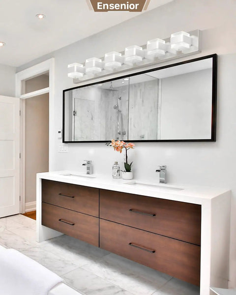 Modern Black Vanity Light Fixtures Over Mirror Three Light 18.5 Inch Dimmable LED Vanity Lighting Acrylic and Stainless Steel 5000K Daylight 20W 1560 Lumens installed above bathroom mirror