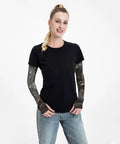 Top Shelf Steampunk Seahorse Arm Sleeves For Active Crews Ultra Soft Ice Silk Cooling UV Protection Lightweight Workout And Outdoor Travel Gear worn by a woman in a black shirt.