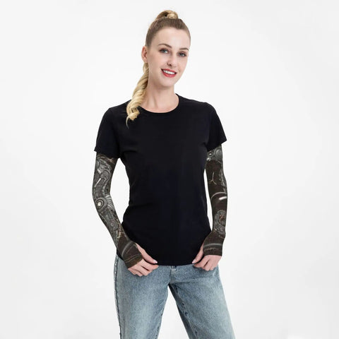 Top Shelf Steampunk Seahorse Arm Sleeves For Active Crews Ultra Soft Ice Silk Cooling UV Protection Lightweight Workout And Outdoor Travel Gear worn by a woman in a black shirt.
