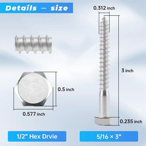 Stainless Steel Hex Lag Bolts For Wood 5 16 Inch By 3 Inch 304 Stainless Steel 18-8 Hex Head Lag Screws External Hex Drive Half Inch