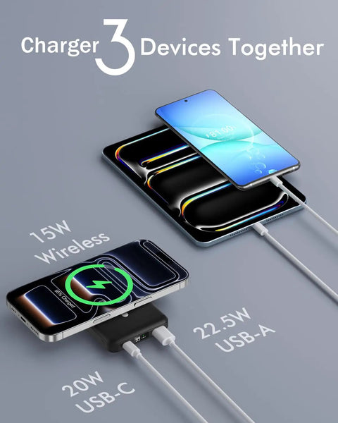 Compact Foldable MagSafe Power Bank 10000 Mah Featuring Dope Magnetic Alignment For iPhone 16 15 14 Series With Snappy Fast Charging Travel Ready Build Hits Perfectly On Road Trips Daily Errands charging three devices together with USB-C and USB-A connections.