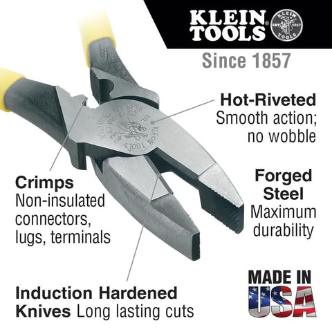 Lineman Crimping Pliers 9 Inch High Leverage Tool Induction Hardened Steel Made In USA For Non Insulated Connectors