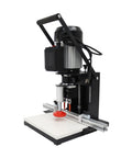 Front view of Yokoma 110V pneumatic hinge boring machine, single-head portable hinge drill for cabinets on a benchtop.