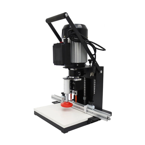 Front view of Yokoma 110V pneumatic hinge boring machine, single-head portable hinge drill for cabinets on a benchtop.