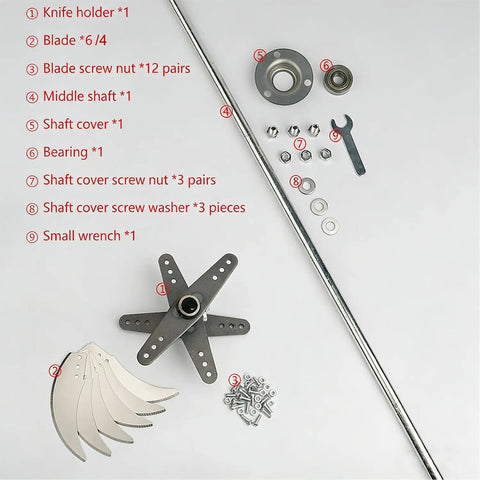Six Blade Stainless Steel Grass Shredder Kit For Home Farm Use With 12 Mounting Holes, Four To Six Blade Configurations, Livestock Feed And Grass Chopper For Hay, Grass, Fruits, And Chopped Fodder, with blades, shaft, bearing and hardware