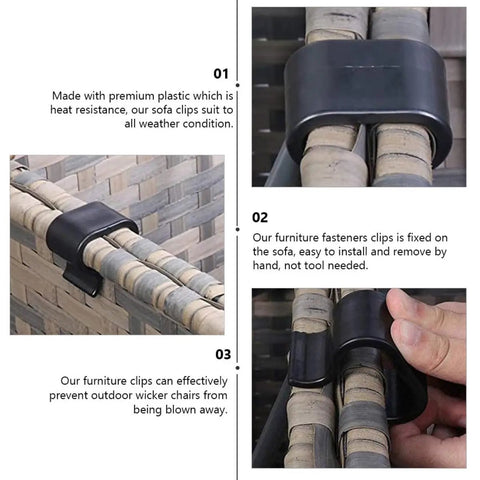 Outdoor Wicker Furniture Clips Set 10 Pcs Black Large And Small Rattan Sofa Fasteners for patio section shown in use.