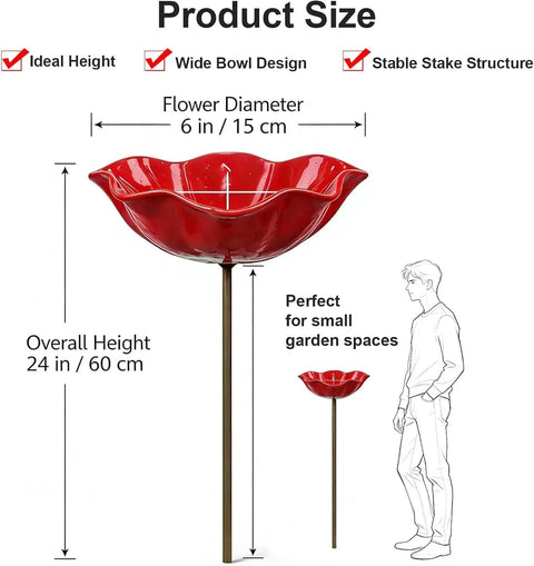 Metal Flower Garden Stake Bird Bath Waterer For Outdoor Yards Pollinator Station Hummingbird Fountain Butterfly Bee Water Feeder Decorative Yard Art Gift 1 Piece No Fuss Easy Setup Garden Decor with red flower design and 24-inch height.