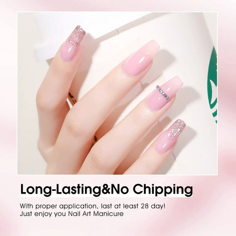 Hand with glossy nails featuring Six Color Hema Free Pink Gel Nail Polish Set With Soak Off Formula Vibrant Light Pink Gel Colors.