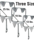 Three sizes of hot-dipped galvanized fold-and-hold boat anchor - 25 lb, 19 lb, 13 lb, corrosion-resistant steel for offshore use.