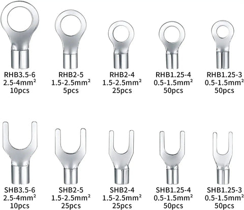 320 Piece Non Insulated Ring Fork U Type Female Terminal Kit For DIY Friendly Auto Electrical Wiring Copper Wire Lugs And Crimp Connectors With 10 Sizes For 0.5 To 4 Square Millimeter Cables arranged in rows with size labels