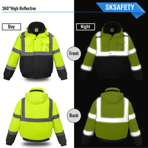 High Visibility Reflective Work Jacket For Men Waterproof ANSI Class 3 Hi Vis Yellow Coat With Pockets Black Bottom Cold Weather Construction Gear XL 1 Pack Fleece Lined 300D Oxford Shell, shown front and back, day and night view highlighting reflectivity