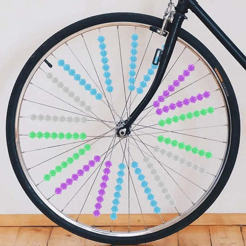 Bicycle wheel with multicolor bicycle spoke beads set with luminous plastic clips durable clip beads for kids bikes 72 piece wheel decoration kit