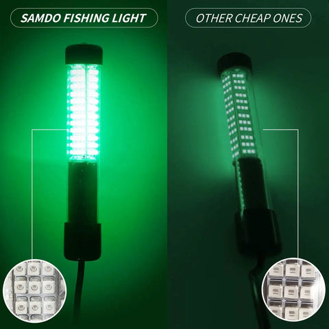 Comparison of Underwater Fishing Light IP68 12V Green LED Night Light vs. another brand with close-up on LEDs.