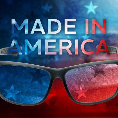 Battle Tested NoIR Laser Safety Glasses Featuring A Hella Comfortable Wraparound Fit For Maximum Ultraviolet And Infrared Eye Protection Laser Grade Durability with American flag backdrop.