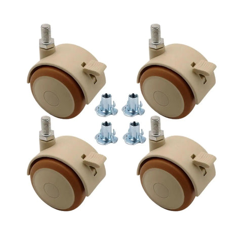 Four Pack Rubber Treaded Caster Wheels With Locking Brake And M6 M8 Threaded Swivel Stem For No Sweat Swap, featuring beige color and locking mechanism.