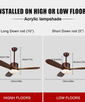 Two installation options for 48 Inch Wood Ceiling Fan With Lights And Remote Three Carved Wood Blades Quiet Reversible Motor