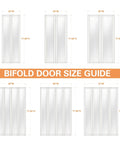 Bifold door size guide showing various dimensions including 36x80 for 36x80 3 Lite Frosted Glass Bifold Closet Door Set With Hardware Kit.