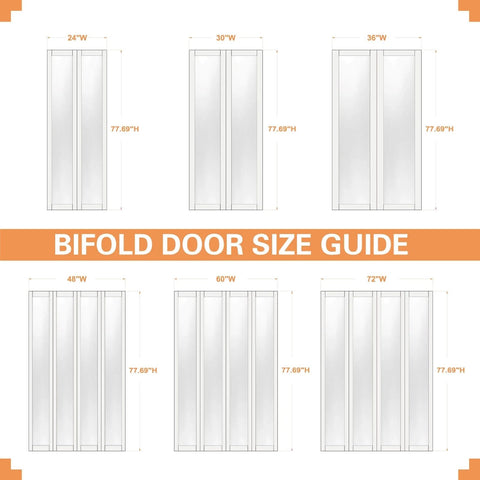 Bifold door size guide showing various dimensions including 36x80 for 36x80 3 Lite Frosted Glass Bifold Closet Door Set With Hardware Kit.