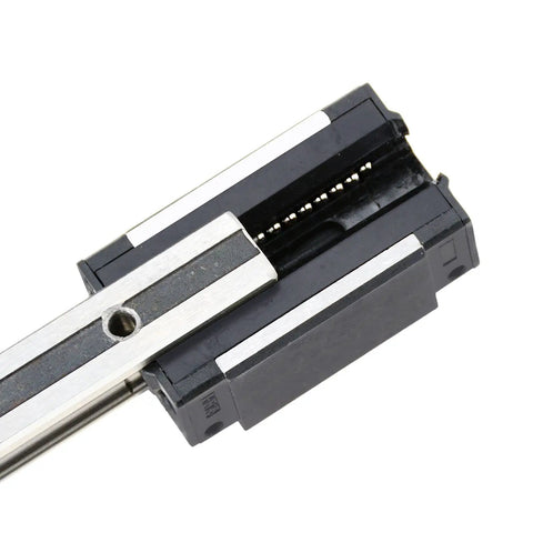Close-up of 500mm Linear Rail Kit with two guide rails and four carriage blocks for CNC machines, pro grade, low noise