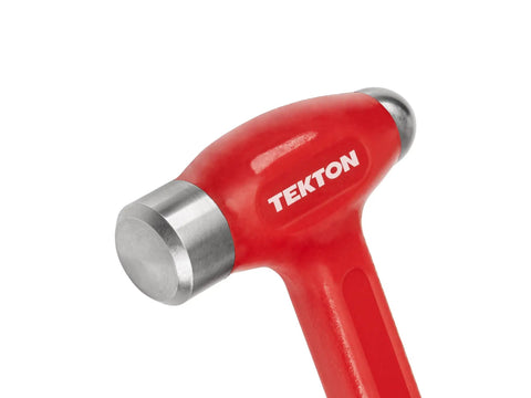 26 Oz Ball Peen Dead Blow Hammer with Nonslip Handle and Flared Grip for Lower Rebound Superior Control and Smooth Accurate Strikes on Metal and Wood Projects Pro Grade Build, red polyurethane jacket, steel face close-up.