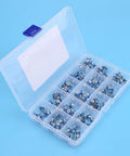 150 Piece Resistor And Trimmer Potentiometer Assortment Kit Blue And White Vertical PCB Mount Three Terminal Preset Adjustable Resistors Ranging 100 Ohm To 1 Megohm For DIY Electronics And Prototyping Handy For Hobbyists in open case