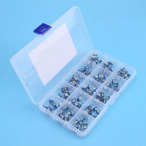 150 Piece Resistor And Trimmer Potentiometer Assortment Kit Blue And White Vertical PCB Mount Three Terminal Preset Adjustable Resistors Ranging 100 Ohm To 1 Megohm For DIY Electronics And Prototyping Handy For Hobbyists in open case