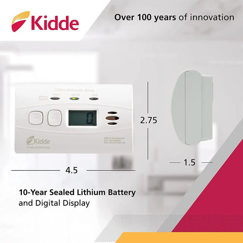Front and side view of Carbon Monoxide Detector With 10 Year Battery, Digital Display And LED Status Indicators, 85 dB Alarm.