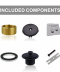 Front view of matte black tub drain kit components: brass ring, black overflow faceplate, drain body, gasket.