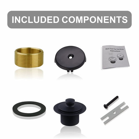 Front view of matte black tub drain kit components: brass ring, black overflow faceplate, drain body, gasket.