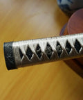 Close-up of Samurai Katana Tsuka Handle 10.2 Inch Do It Yourself DIY Grip Upgrade with detailed alloy fittings and Samegawa