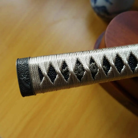Close-up of Samurai Katana Tsuka Handle 10.2 Inch Do It Yourself DIY Grip Upgrade with detailed alloy fittings and Samegawa