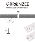 Diagram and close-up of 2 Pack 12 Inch By 1.5 Inch Stainless Steel Piano Hinges Continuous Heavy Duty Hinges With 0.04 Inch Leaf Thickness, 0.5 Inch Knuckle Length, screws included, Premium 304 Stainless Steel, Rust Proof, Polished Finish