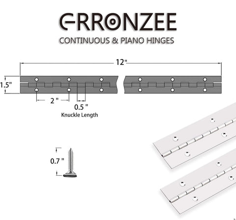 Diagram and close-up of 2 Pack 12 Inch By 1.5 Inch Stainless Steel Piano Hinges Continuous Heavy Duty Hinges With 0.04 Inch Leaf Thickness, 0.5 Inch Knuckle Length, screws included, Premium 304 Stainless Steel, Rust Proof, Polished Finish