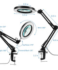 2 In 1 Magnifying Glass With Light And Stand, showing dimensions and angles, 5X real glass lens, desk clamp mount.