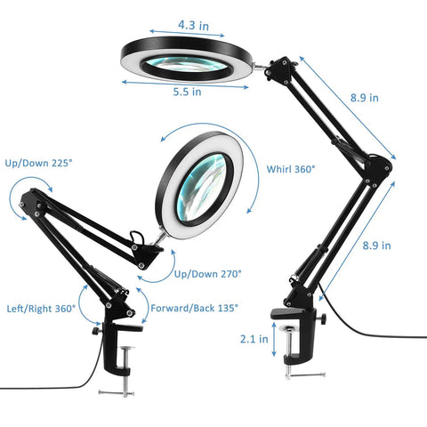 2 In 1 Magnifying Glass With Light And Stand, showing dimensions and angles, 5X real glass lens, desk clamp mount.