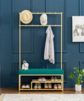 Heavy Duty Coat Rack And Shoe Storage Bench For Entryway Featuring Industrial Metal Frame Upholstered Seat with hats and shoes organized.