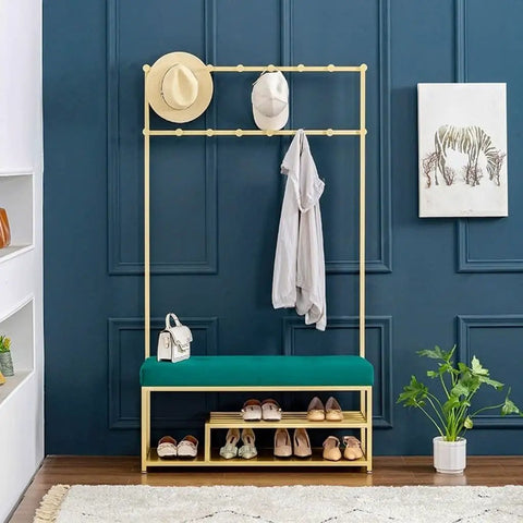 Stepping Into Your Pad Just Got Way Cozier With This Badass Four In One Entryway Hall Tree Coat Stand that shows hats, coat, and shoes organized.